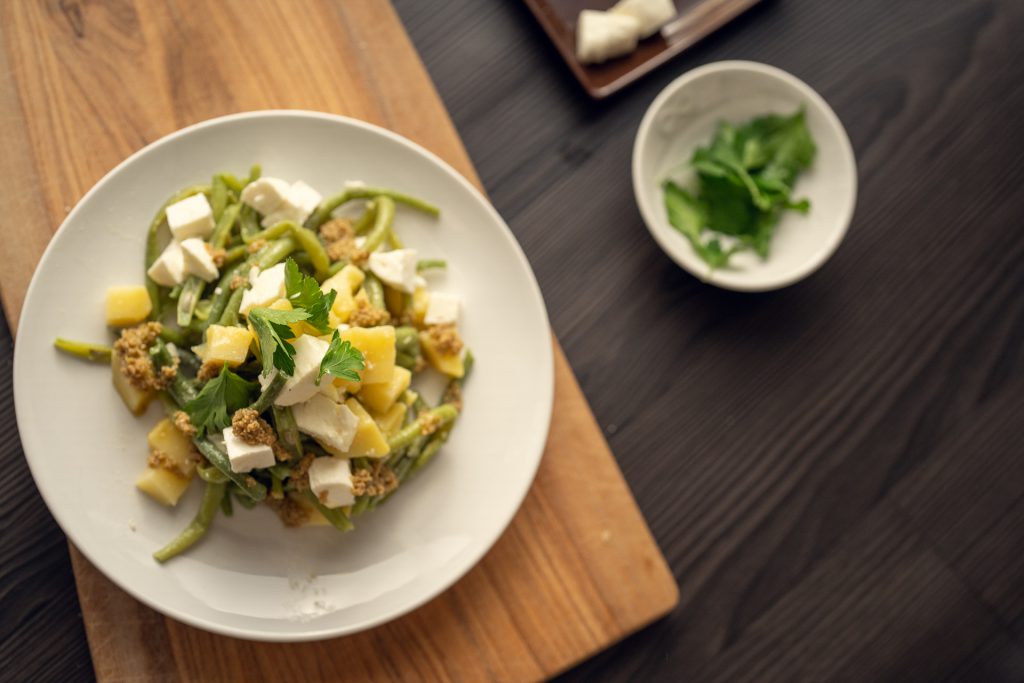 Insalata di Robioletta Ferrero, fagiolini, patate e tapenade di olive.